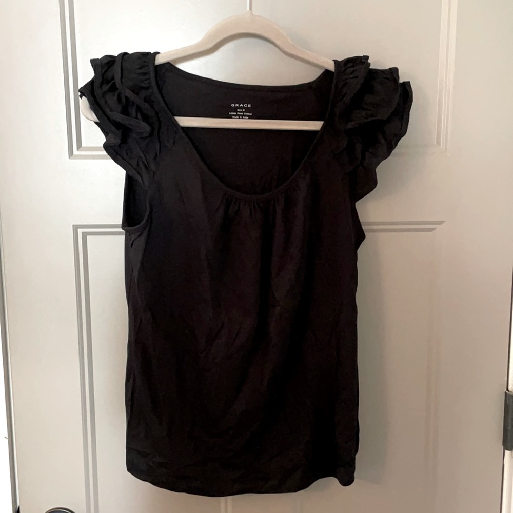 Black pima cotton flutter sleeved tee